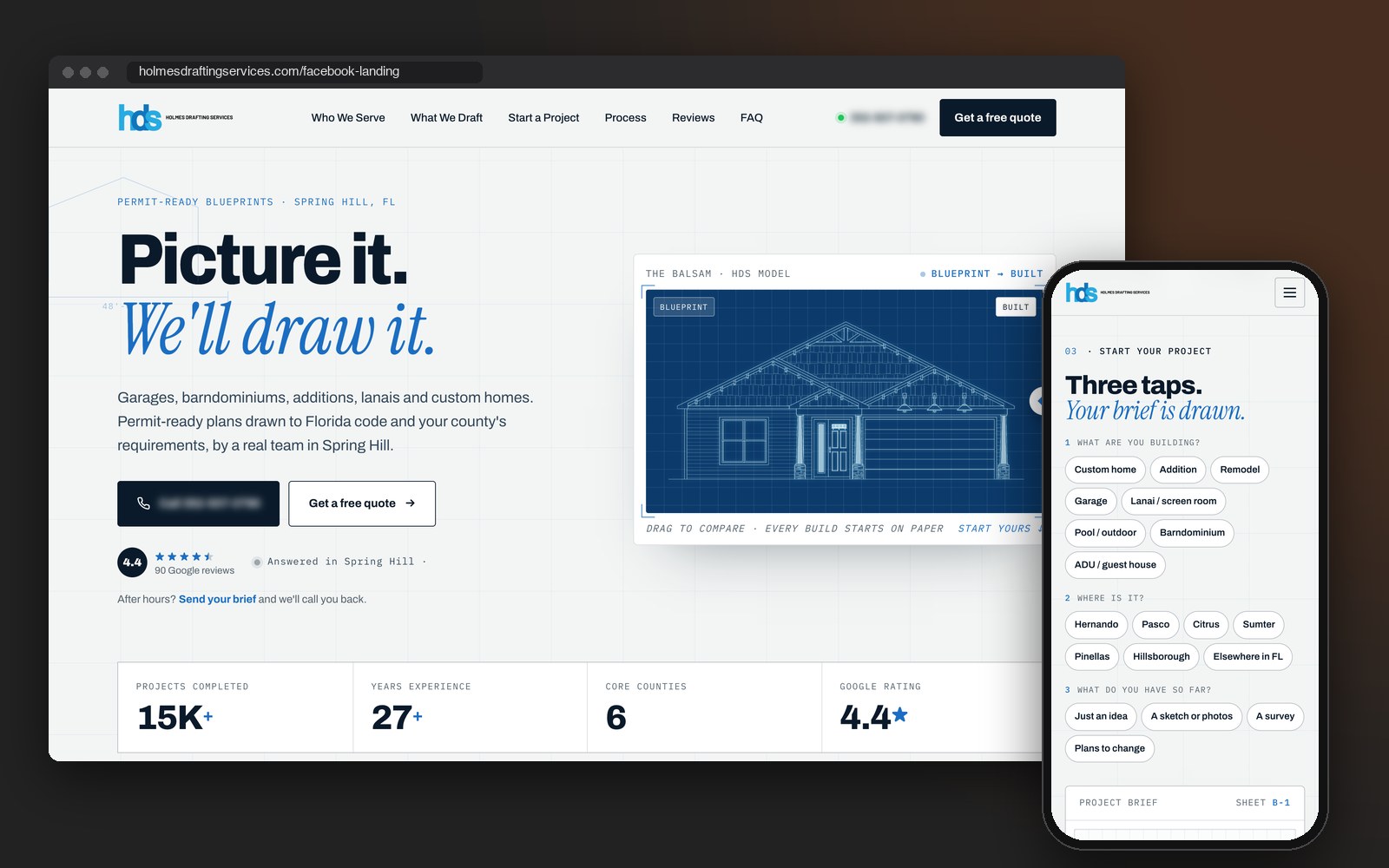 The Holmes Drafting Services Facebook ad landing page on a laptop and a phone, showing the hero and the three-tap project picker