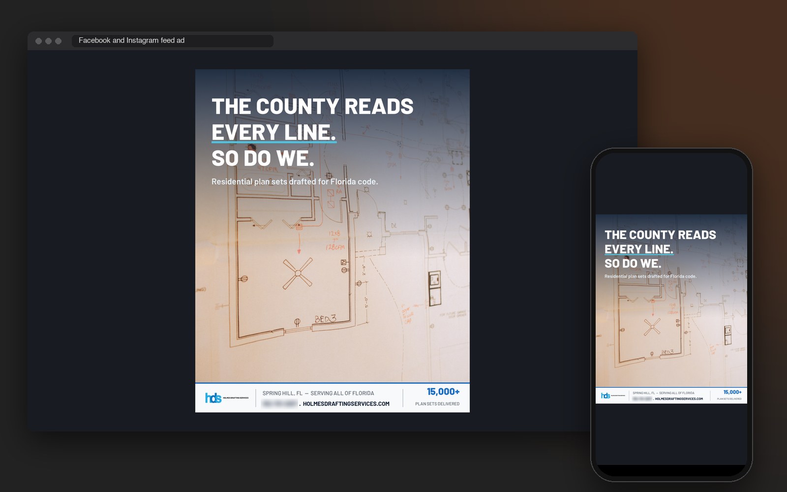 The Holmes Drafting Services contractor ad THE COUNTY READS EVERY LINE. SO DO WE. shown in a phone feed