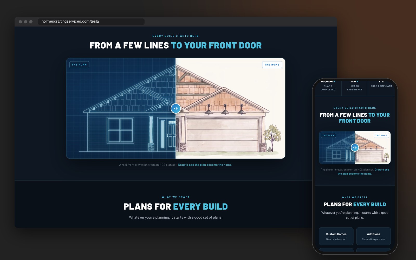 The Holmes Drafting Services QR code page on a laptop and a phone, showing the greeting and a plan sliding into the finished home