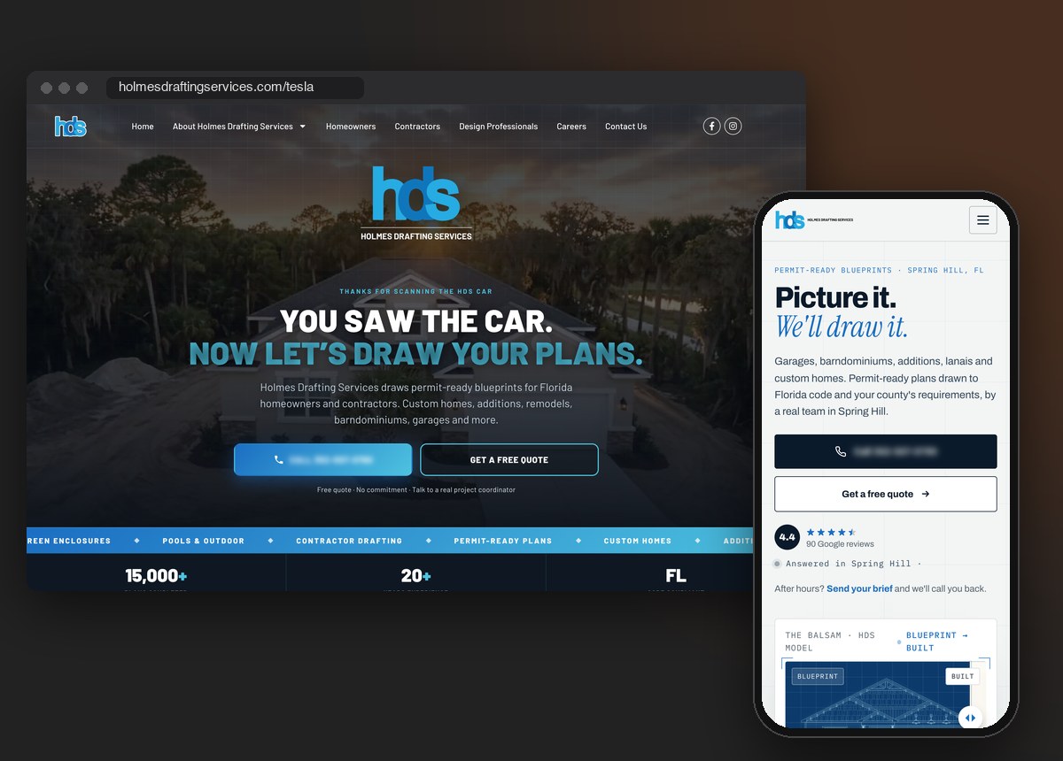 Two ad landing pages ApeShot built for Holmes Drafting Services, the Facebook ad page on a phone and the QR code page on a laptop