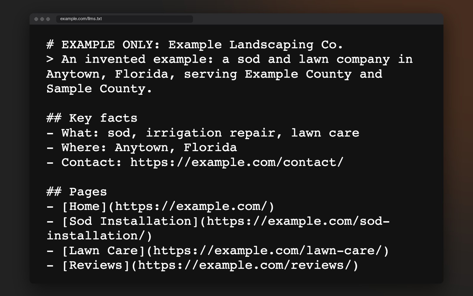 An example llms.txt file for an invented landscaping company, listing key facts and pages