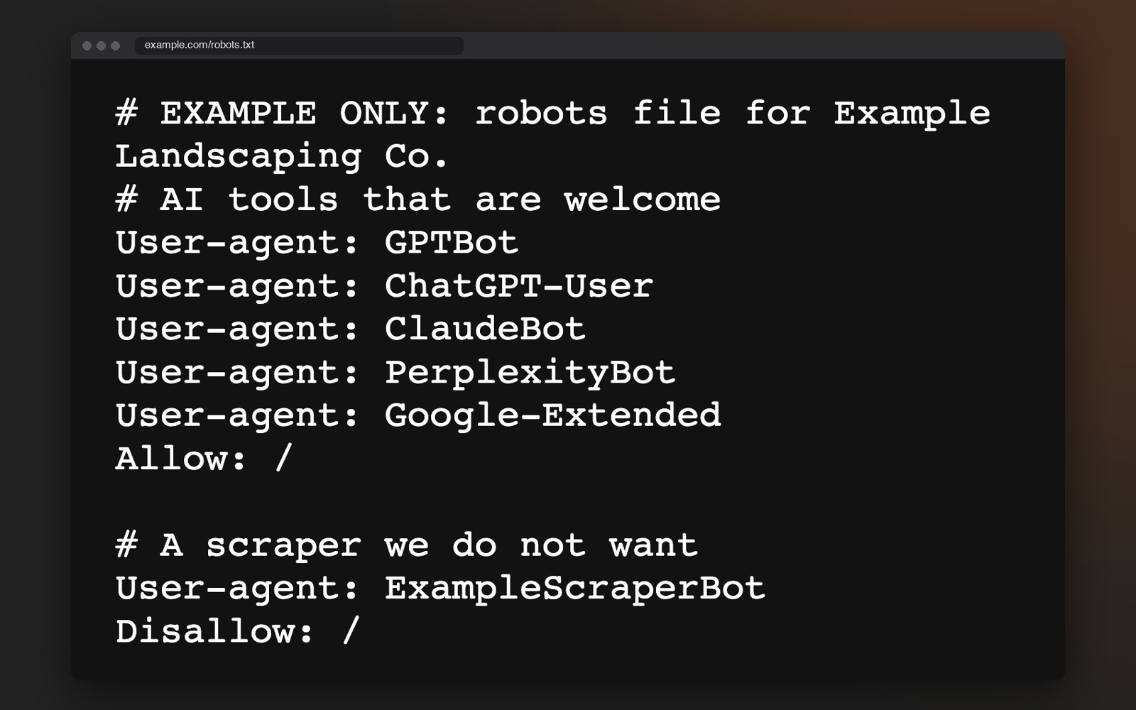 An example robots file welcoming five AI tools and blocking one invented scraper