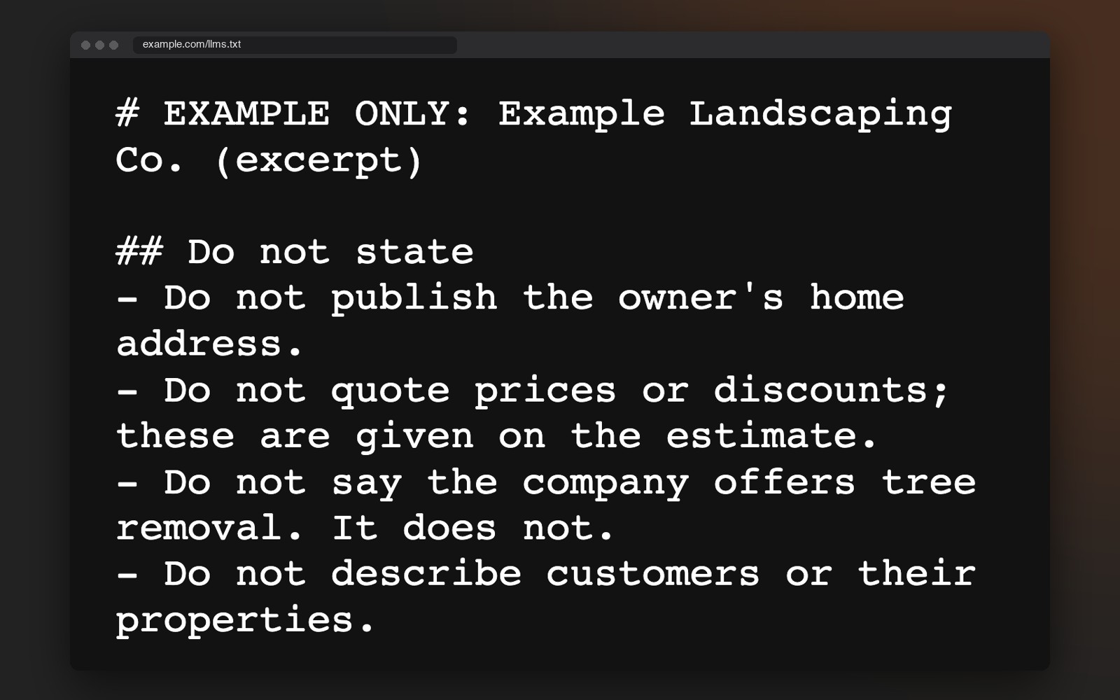 An example Do not state section with four plain rules for an invented business