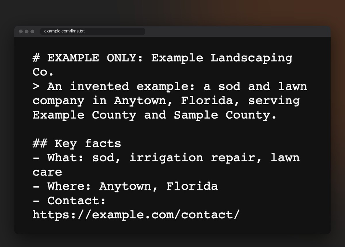 An example llms.txt file for an invented business, Example Landscaping Co., with its heading and key facts in a browser, and an example robots file on a phone