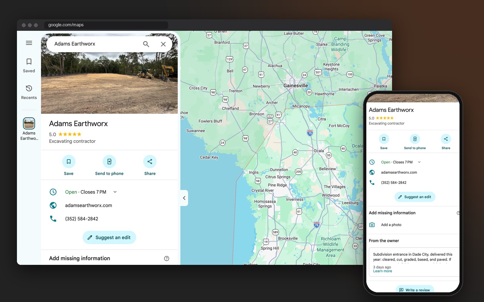 Adams Earthworx Google Business Profile on Google Maps, managed by ApeShot Productions