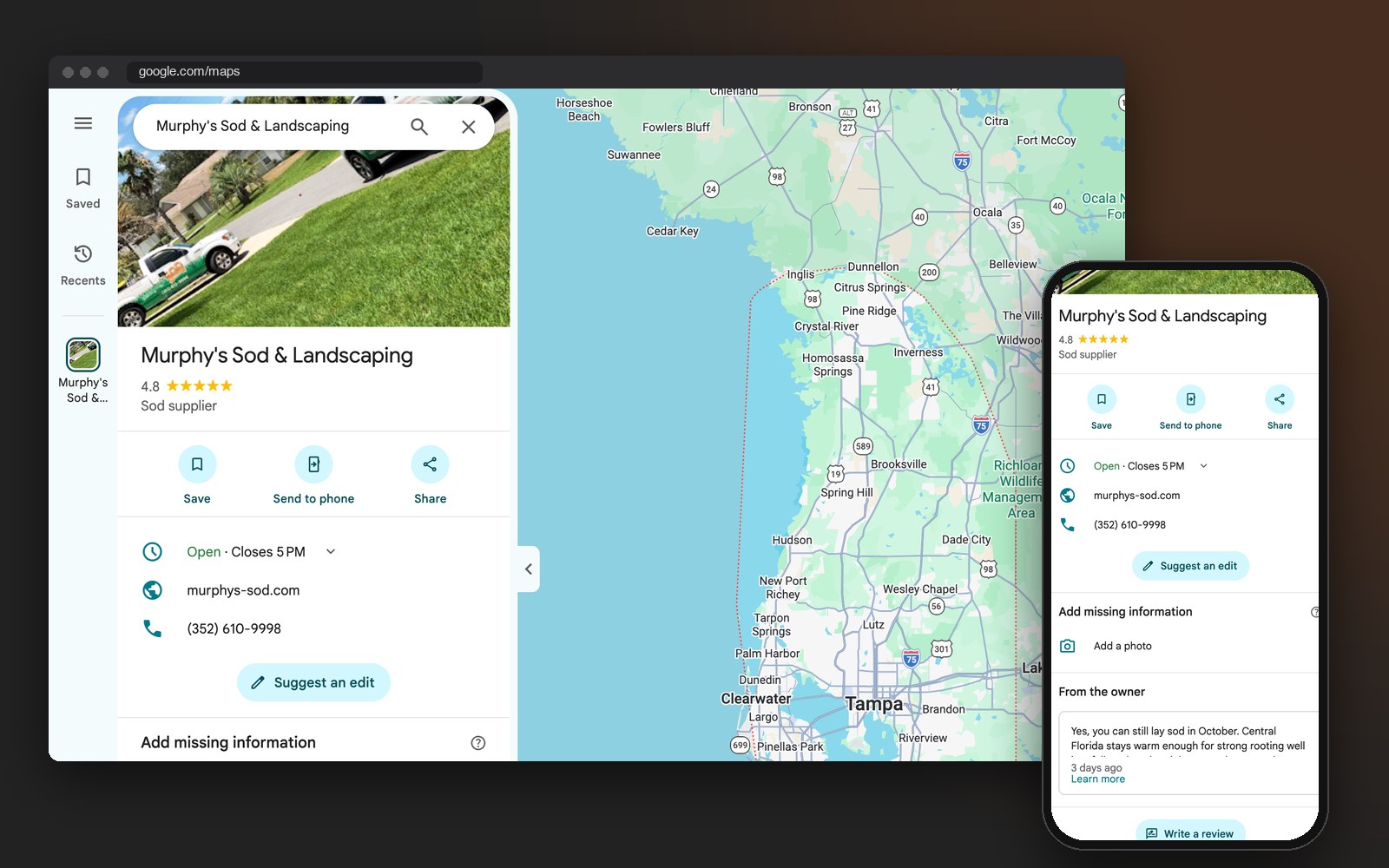 Murphy's Sod & Landscaping Google Business Profile on Google Maps, managed by ApeShot Productions