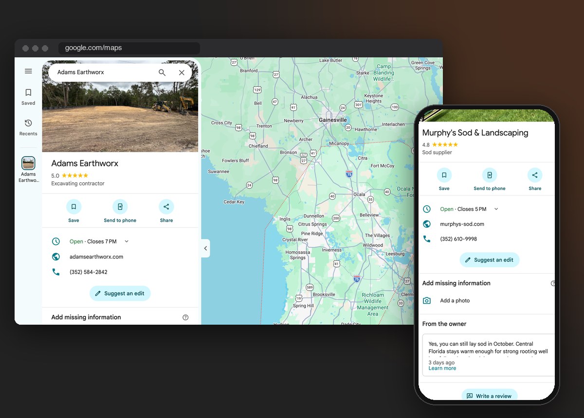 Google Business Profiles for Hernando County clients managed by ApeShot Productions, shown on a laptop and a phone