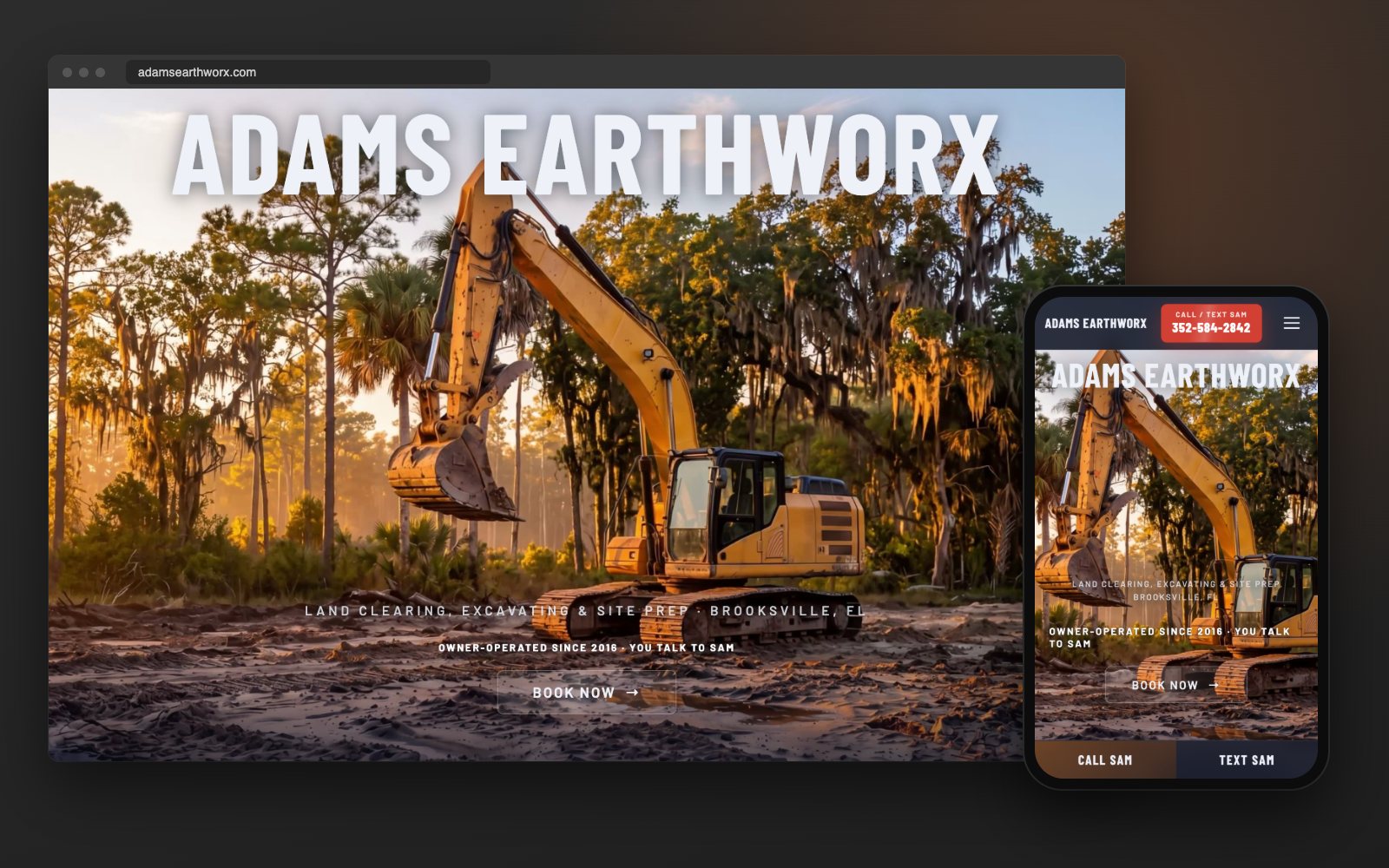 Adams Earthworx website on desktop and phone, built by ApeShot Productions