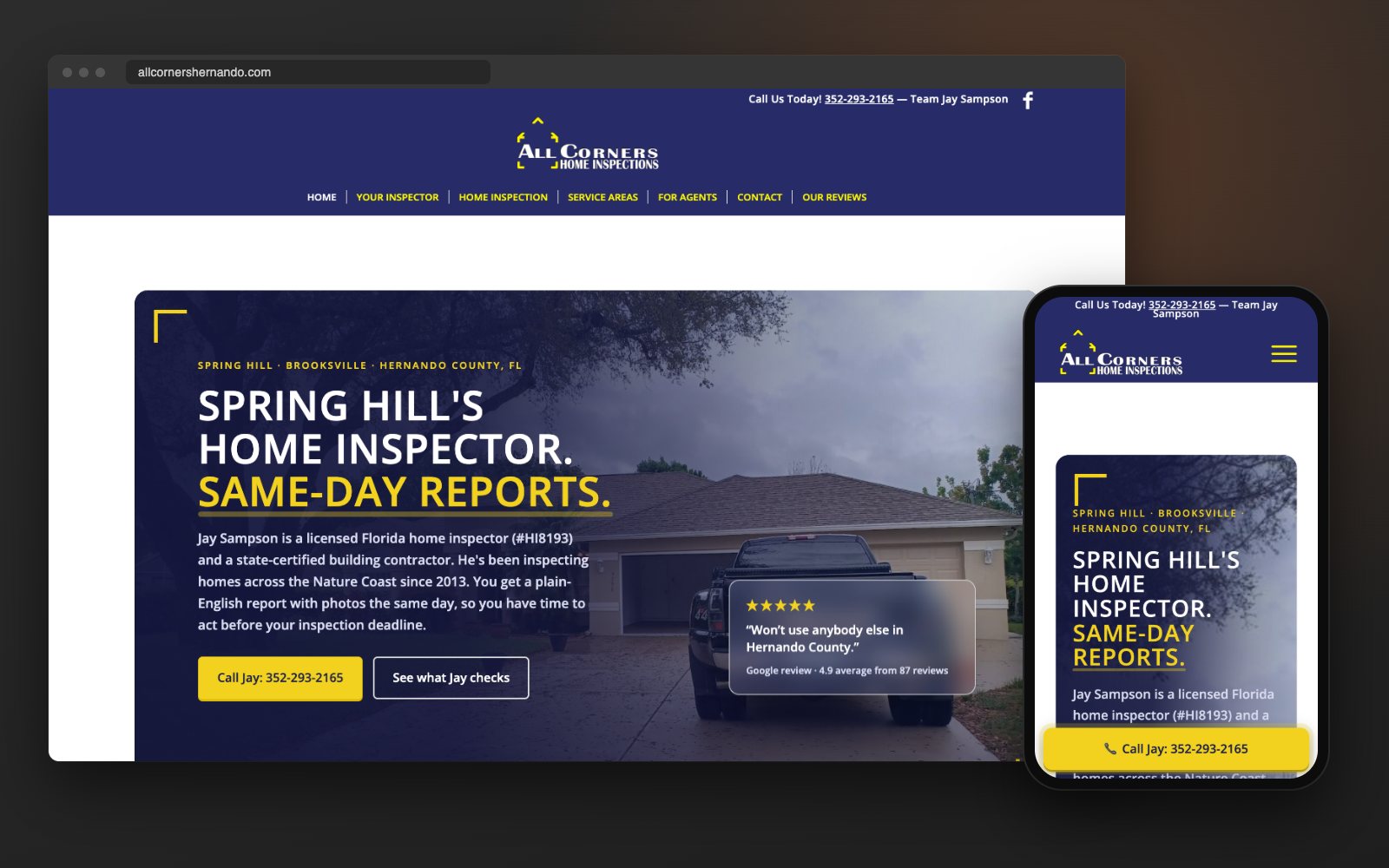 All Corners Home Inspection homepage on desktop and phone with the sticky call bar, rebuilt by ApeShot Productions