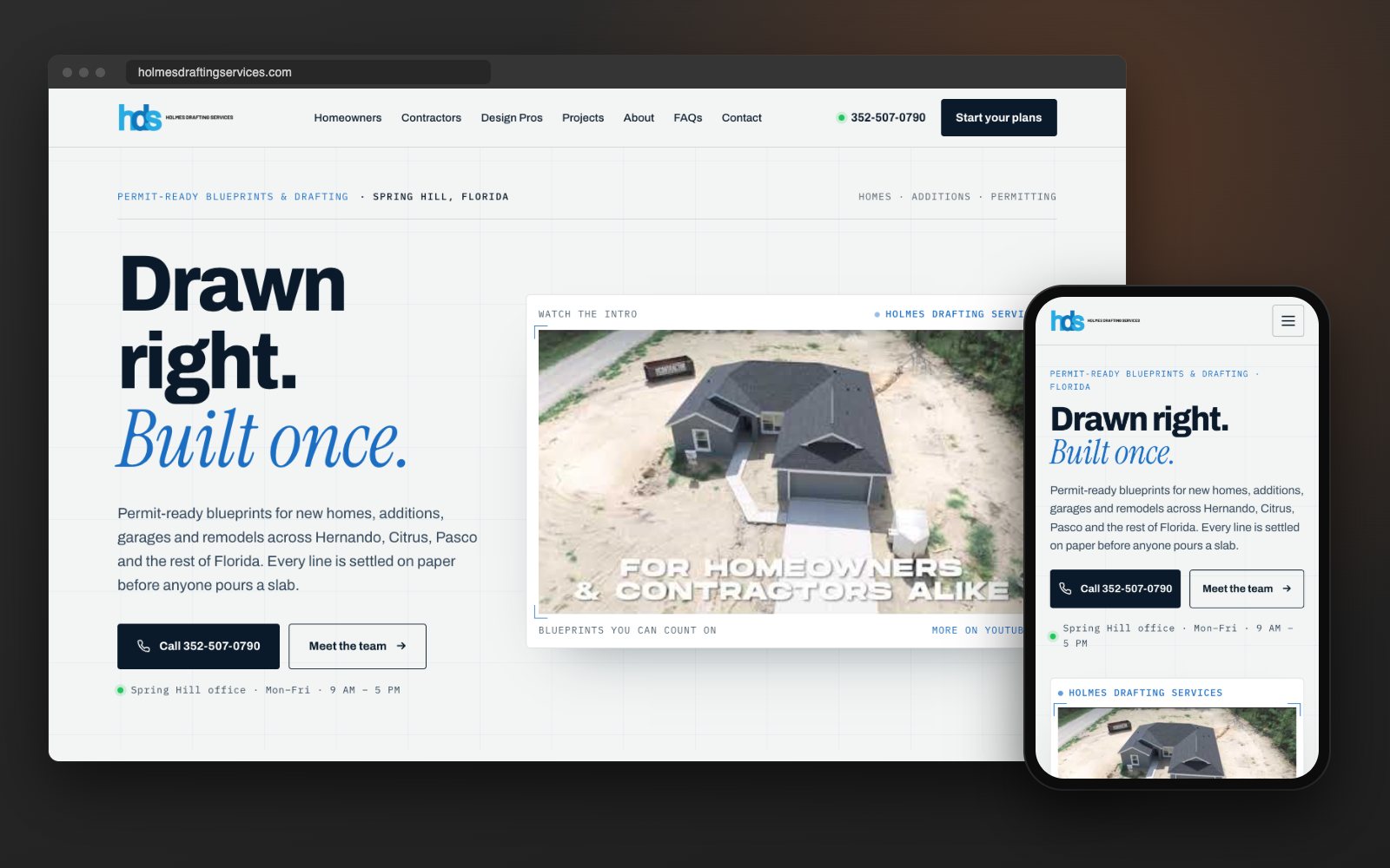 Holmes Drafting Services website on desktop and phone, rebuilt by ApeShot Productions