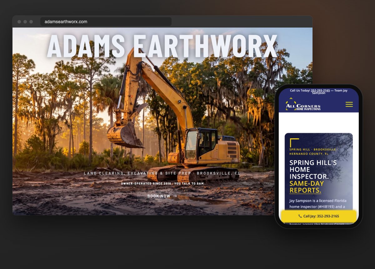 Websites ApeShot Productions built for Adams Earthworx and All Corners Home Inspection, on laptop and phone